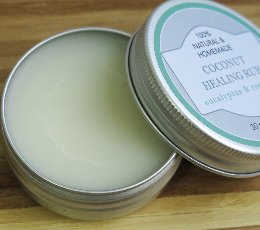 100% Natural and Homemade Coconut Oil Healing Rub with Rosemary and Eucalyptus Essential Oils